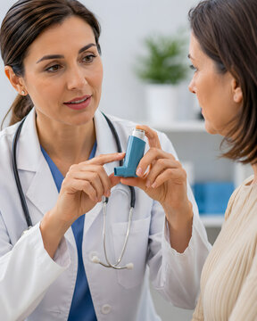 Doctor Explaining How to Use an Asthma Inhaler to Patient