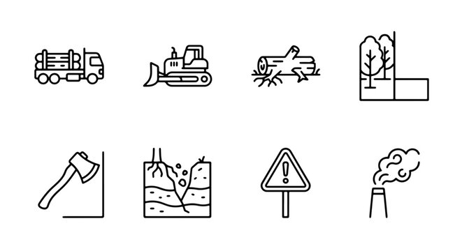 Deforestation icons set with logging truck, bulldozer, felled tree, axe, erosion and factory smoke for environmental protection