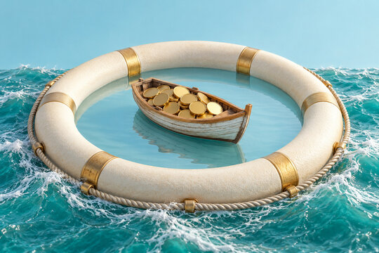 An ivory life ring forms a calm harbor around a boat carrying gold discs while waves remain outside, creating a surreal metaphor of financial reserves, resilience and security during uncertain times.