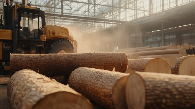 A large machine is working in an industrial space surrounded by logs. Dust rises in the air as the machine moves. The interior is bright with natural light coming through the windows.