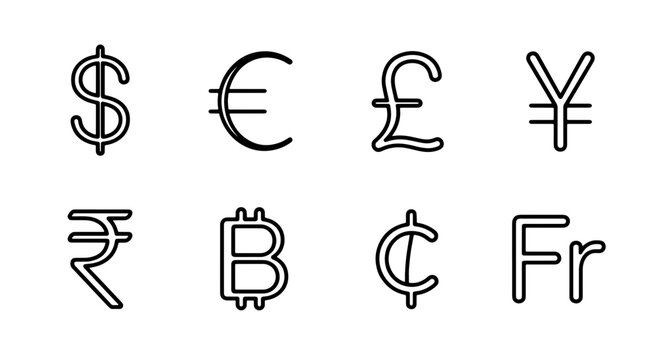 Currency symbols set with dollar, euro, pound, yen, rupee, bitcoin, cent and franc icons for finance and web