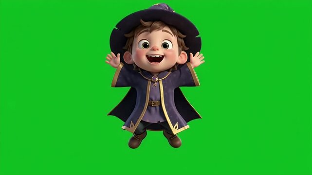 Cartoon Little Boy in Wizard Costume Clapping Happily - A cheerful cartoon boy dressed as a wizard, wearing a star-patterned hat and robe, claps his hands with joy.