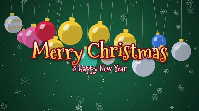 Merry Christmas greeting text with swinging baubles and snowflakes on green background, animated loop