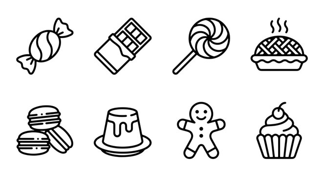 Dessert icons set with candy, chocolate bar, lollipop, pie, macarons, pudding, gingerbread man, cupcake for food apps and websites