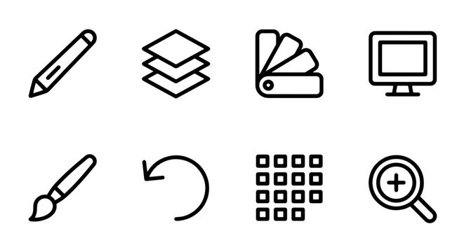 Digital art tools icon set with pencil, layers, color palette, monitor, brush, undo arrow, grid and zoom for web and app
