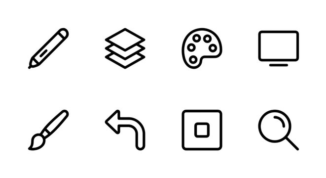 Digital art tools icon set with pencil, layers, palette, screen, brush, undo and search for creative apps