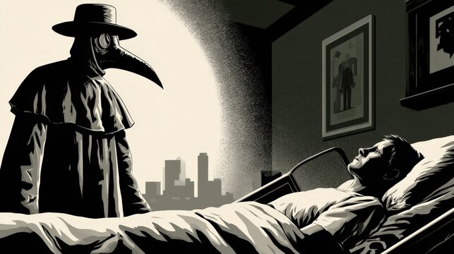 Plague doctor stands over bedridden patient
