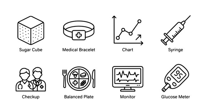 Diabetes care icons set with sugar cube, medical bracelet, chart, syringe, checkup, balanced plate, monitor and glucose meter for health
