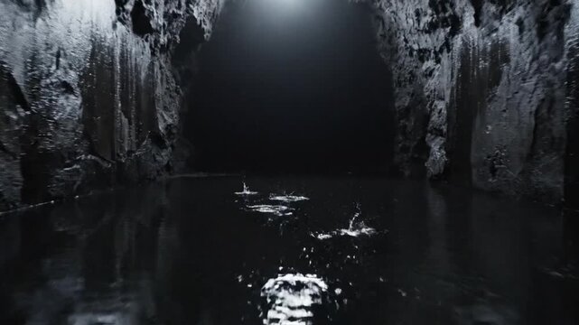A dark subterranean tunnel passage featuring a metal grate and reflections in still water.