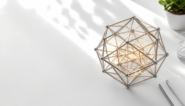 Metallic geometric lattice sculpture on white desk with glowing golden light strands for post quantum cryptography PQC