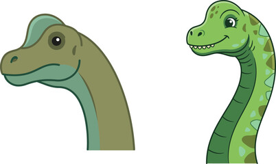 Brachiosaurus dinosaur head vector illustration with two long-necked cartoon characters in olive and green flat style © AI illustration 