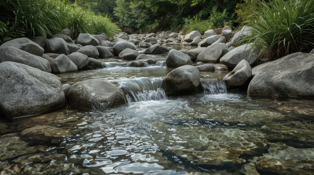 Rocky stream flowing water lush vegetation