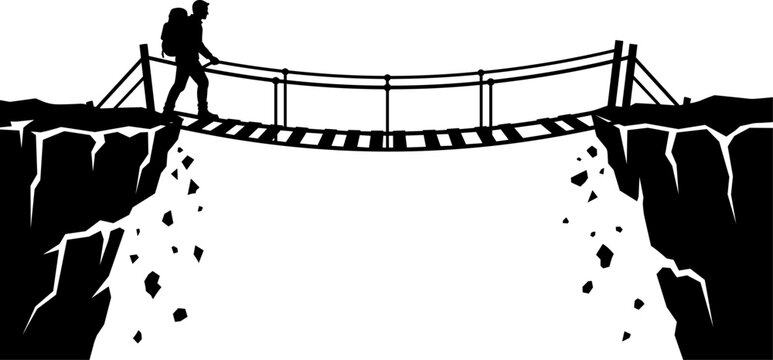 Silhouette of a hiker crossing a rope bridge over a deep canyon