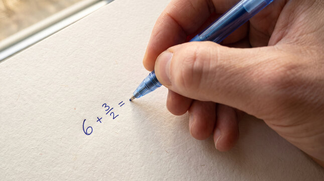 Hand Writing Math Equation 6 Plus 3 Over 2 with Blue Pen on Paper