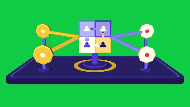 Team collaboration 3D animation on green screen, colorful puzzle pieces snap together into a connected network hub, teamwork concept looping motion graphic 4K