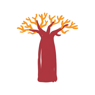Minimalist baobab tree illustration with red trunk and orange canopy