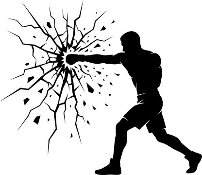Silhouette of a muscular boxer punching and shattering a wall