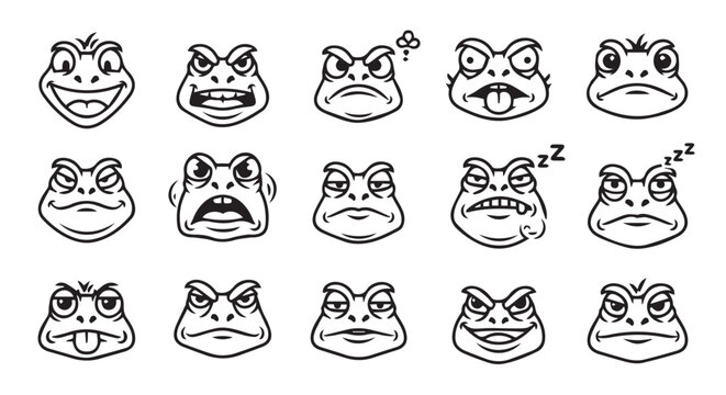 Diverse frog faces with varied expressions in a clean graphic style for conceptual use
