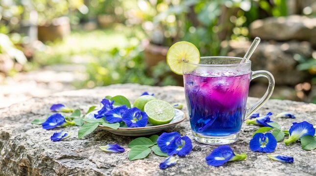 Butterfly pea flower tea with lime, natural blue herbal drink, healthy detox