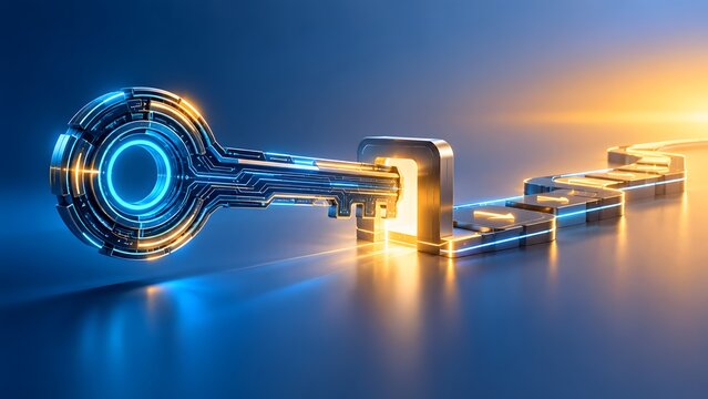 Futuristic digital key unlocking a glowing data pathway with arrows pointing forward for business progress and cybersecurity concepts