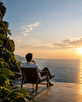 Man sunset ocean chair cliff terrace coast tropical evening relaxation person seated on wooden deck overlooking calm sea and golden sky near lush plant