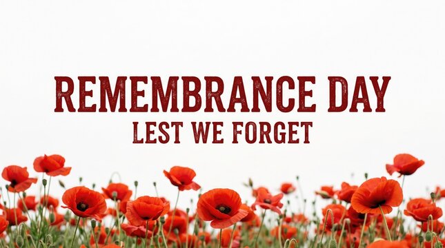 Remembrance day floral tribute with vibrant red poppies and the phrase lest we forget