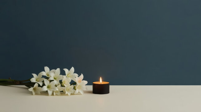 Minimal remembrance template with white flower and candle creating quiet memorial scene