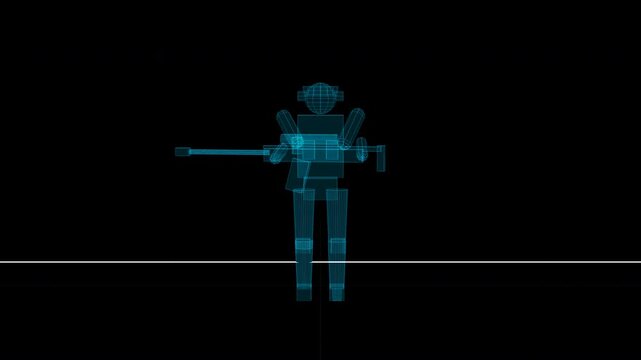 High-fidelity procedural 3D model of a tactical operator with advanced gear, skeletonized stock rifle, and long-range scope. Features neon blue rim lighting, vertical laser scanning, and data particle