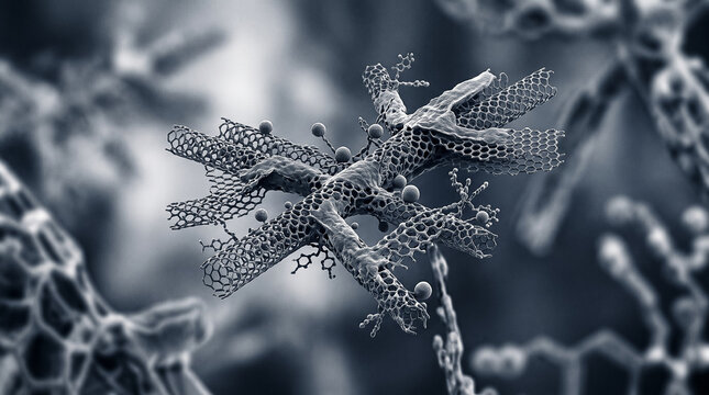 complex microscopic structure of carbon nanotubes and nanomaterials with mesh surface in abstract scientific space of laboratory for research of modern bioengineering