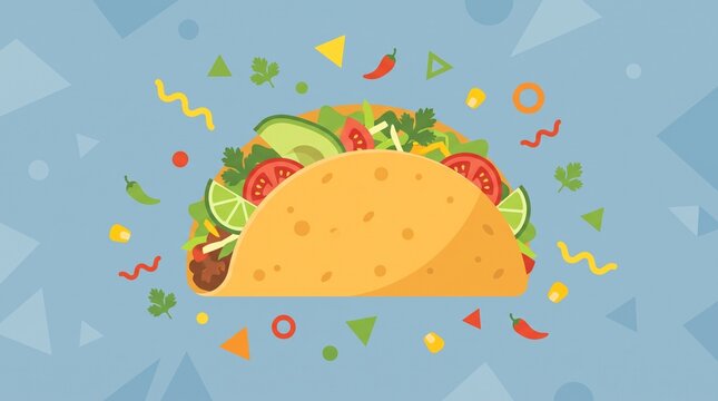Colorful Flat Vector Illustration of Mexican Taco with Floating Ingredients