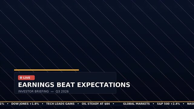 Financial news broadcast graphic overlay showing earnings beat expectations for investor briefing.