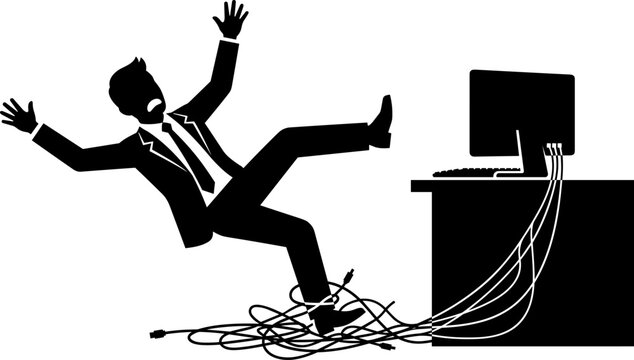 Silhouette of a businessman tripping and falling over tangled computer cables in the office