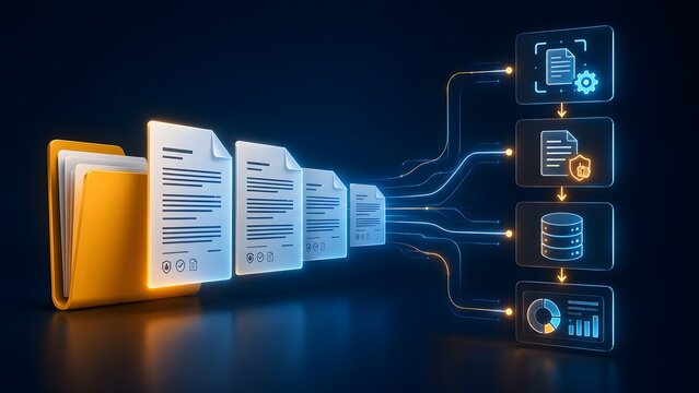 Glowing digital documents transferring from a yellow folder into an automated processing system representing secure data management and digital workflow