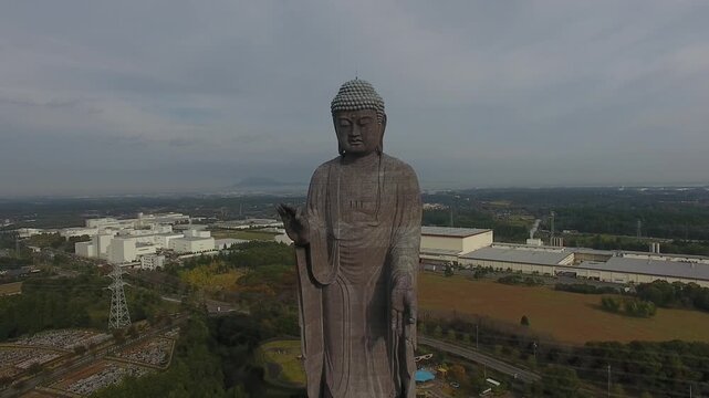 (Aerial / Drone footage) Ushiku Daibutsu, a 120m tall statue of Buddha, in Ibaraki, Japan