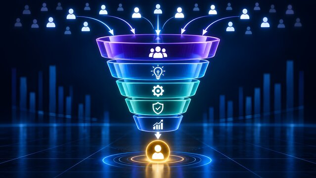 Glowing digital funnel filtering user icons down to a single golden profile representing targeted lead generation and customer conversion strategy
