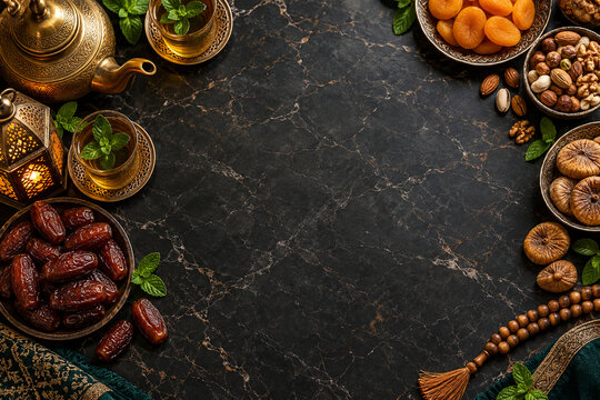 Top view iftar table flat lay with dates, dried fruit, mint tea and lantern framing empty center for Ramadan greeting