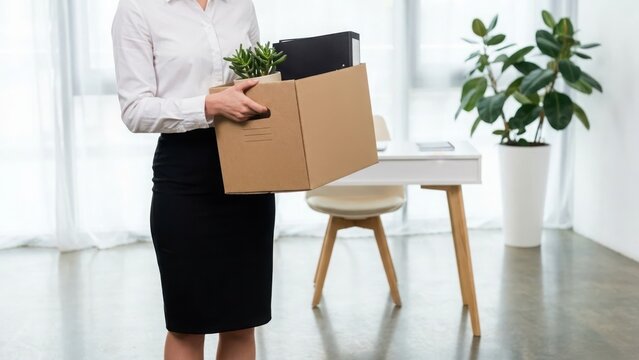 Woman holding a cardboard box leaving her office after losing her job