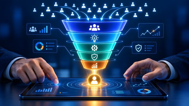 Businessman hands using a tablet with a glowing digital marketing funnel and analytics dashboard representing automated lead generation and customer conversion strategy