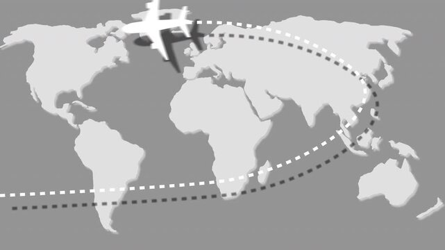 air plane flying on flat earth planet map globe texture with dashes line for travel journey transportation destination, holiday, around the world animation on transparent background, 4k video