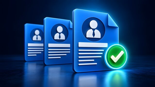 Glowing green approval mark on a prominent blue candidate profile document representing successful applicant screening and corporate recruitment process