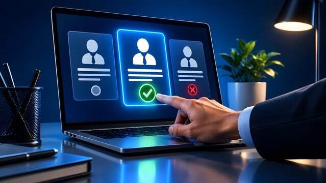 Businessman hand selecting candidate profile with green checkmark on laptop screen representing digital human resources recruitment and online resume screening