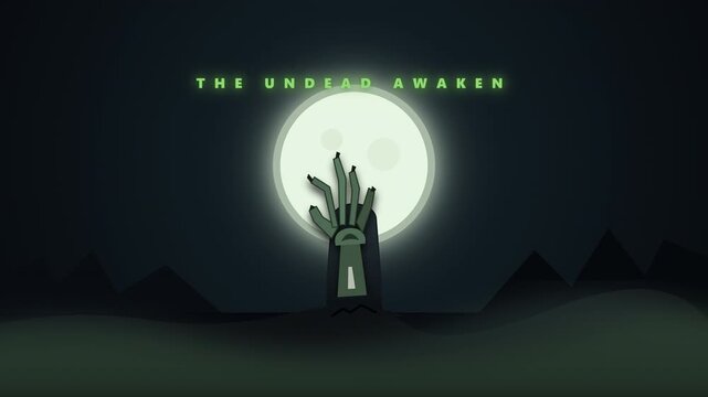 A premium spooky Halloween motion graphic featuring a decaying zombie hand bursting from a graveyard ground, complete with flying dirt particles, glowing moon background, and creeping fog.