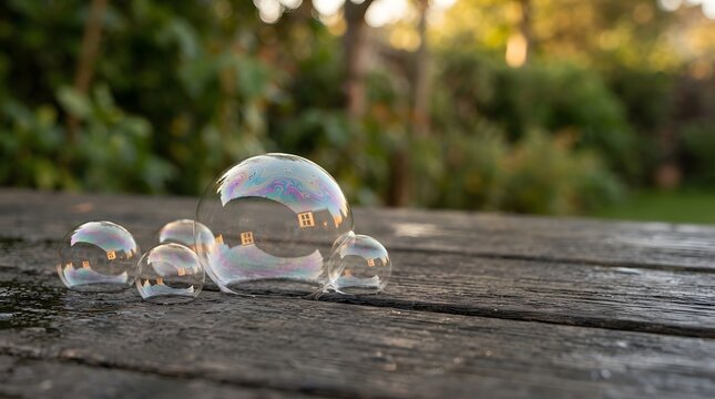 Iridescent soap bubbles resting on a weathered wooden table in a lush green garden setting during golden hour lighting