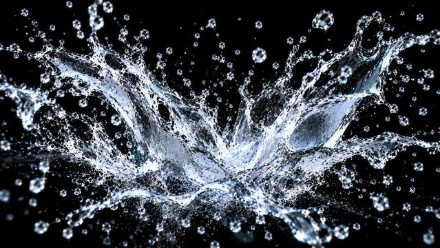 Explosive water splash crown with flying droplets on black background for dynamic beverage design.