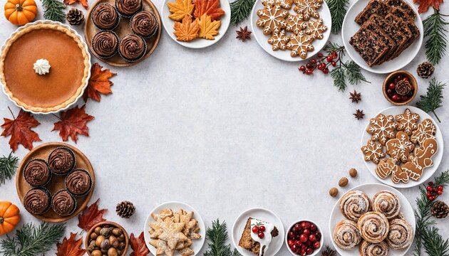 Flat lay frame of autumn and winter festive holiday pastries cakes and cookies