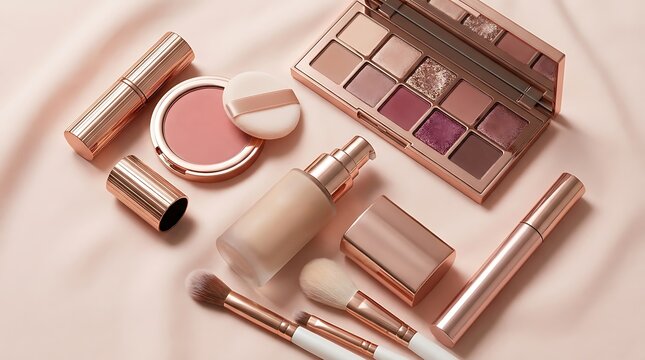 Set of makeup products and beauty tools with eyeshadow palette lipstick and brushes