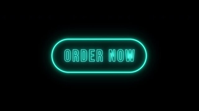 order now button blue neon glowing for shopping marketplace, e-commerce, size button looping animation on transparent background, 4k video