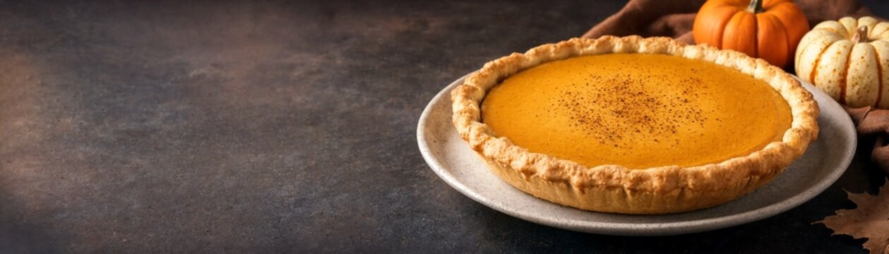 Freshly baked homemade pumpkin pie on a rustic plate with autumn pumpkins and decorations on a dark background