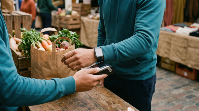 Close view of a contactless payment made with a smartwatch at a market stall