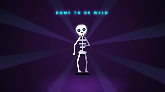 A premium spooky-cute Halloween animation featuring a neon-lit vector skeleton dancing on a graveyard disco floor, complete with rotating light rays and a pulsing background.